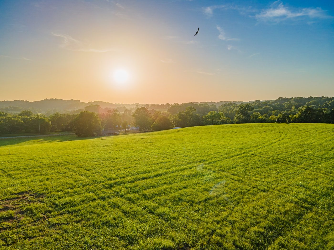 Aerial drone view of Middle Tennessee farmland at sunrise
